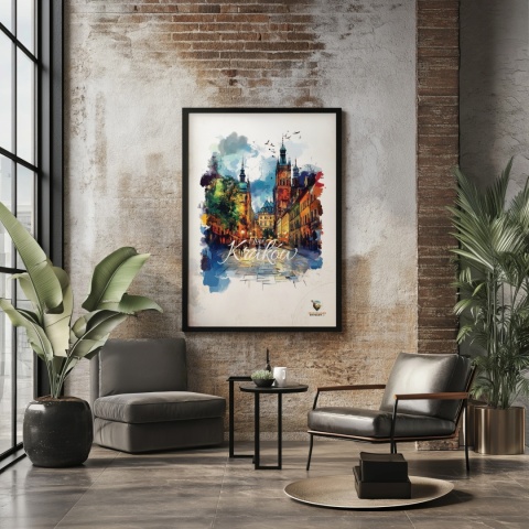 Plakat architektoniczny– „Kraków, blask nowego dnia” – minimalistyczna panorama miejska w świetle poranka