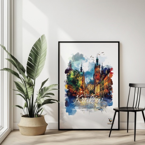 Plakat architektoniczny– „Kraków, blask nowego dnia” – minimalistyczna panorama miejska w świetle poranka