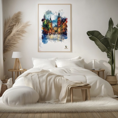 Plakat architektoniczny– „Kraków, blask nowego dnia” – minimalistyczna panorama miejska w świetle poranka