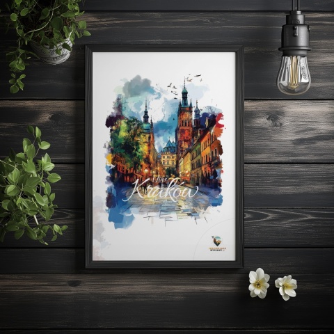 Plakat architektoniczny– „Kraków, blask nowego dnia” – minimalistyczna panorama miejska w świetle poranka