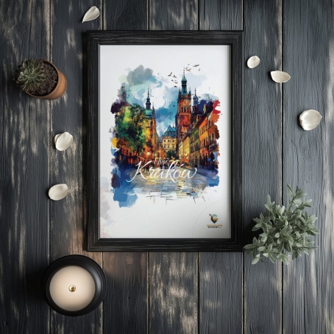 Plakat architektoniczny– „Kraków, blask nowego dnia” – minimalistyczna panorama miejska w świetle poranka
