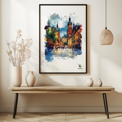 Plakat architektoniczny– „Kraków, blask nowego dnia” – minimalistyczna panorama miejska w świetle poranka