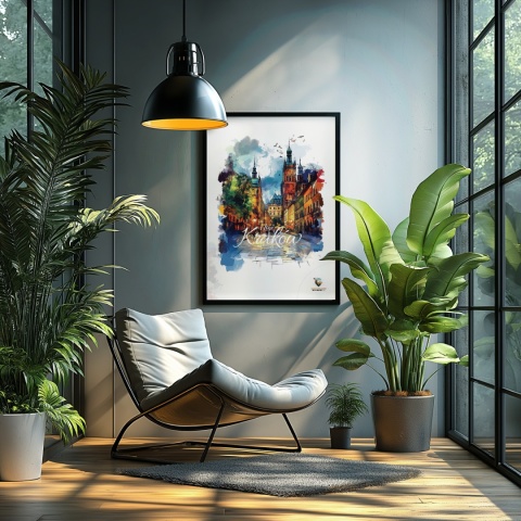 Plakat architektoniczny– „Kraków, blask nowego dnia” – minimalistyczna panorama miejska w świetle poranka