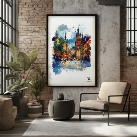 Plakat architektoniczny– „Kraków, blask nowego dnia” – minimalistyczna panorama miejska w świetle poranka