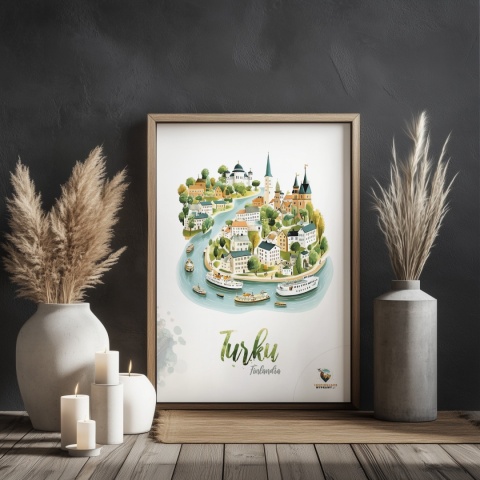 Plakat architektoniczny „Turku, rzeka historii” – fińskie miasteczko ukazane w miękkim, pastelowym stylu