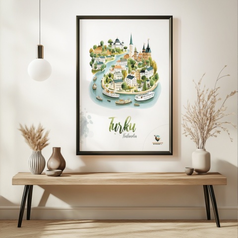 Plakat architektoniczny „Turku, rzeka historii” – fińskie miasteczko ukazane w miękkim, pastelowym stylu