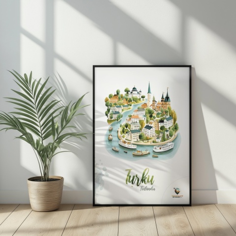 Plakat architektoniczny „Turku, rzeka historii” – fińskie miasteczko ukazane w miękkim, pastelowym stylu
