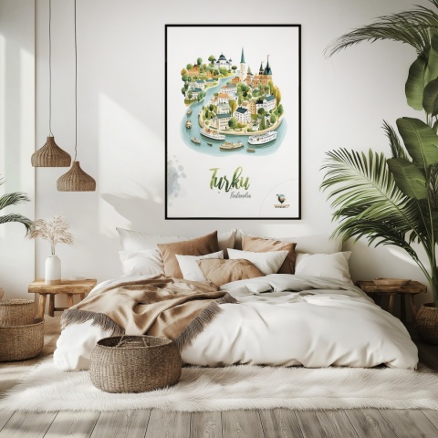 Plakat architektoniczny „Turku, rzeka historii” – fińskie miasteczko ukazane w miękkim, pastelowym stylu