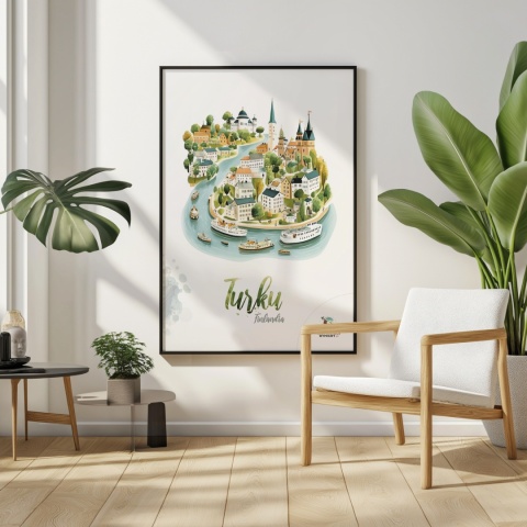 Plakat architektoniczny „Turku, rzeka historii” – fińskie miasteczko ukazane w miękkim, pastelowym stylu
