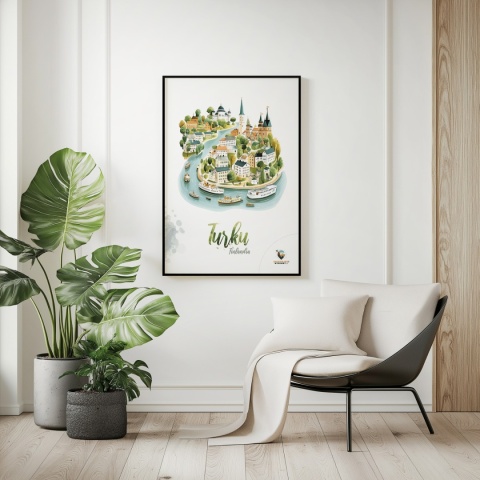 Plakat architektoniczny „Turku, rzeka historii” – fińskie miasteczko ukazane w miękkim, pastelowym stylu
