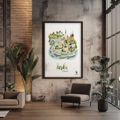 Plakat architektoniczny „Turku, rzeka historii” – fińskie miasteczko ukazane w miękkim, pastelowym stylu