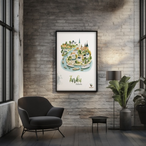 Plakat architektoniczny „Turku, rzeka historii” – fińskie miasteczko ukazane w miękkim, pastelowym stylu