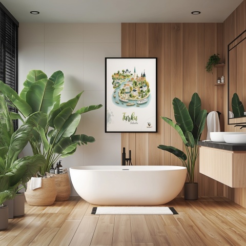 Plakat architektoniczny „Turku, rzeka historii” – fińskie miasteczko ukazane w miękkim, pastelowym stylu