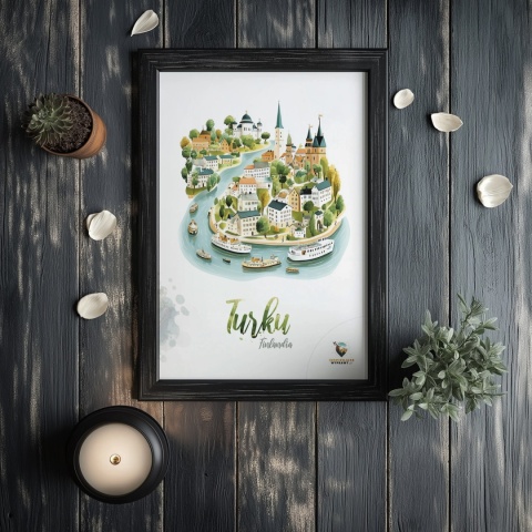 Plakat architektoniczny „Turku, rzeka historii” – fińskie miasteczko ukazane w miękkim, pastelowym stylu