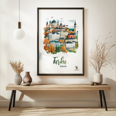 Plakat architektoniczny „Turku, na wzgórzu światła” – fińskie miasto z kopułami i wieżami w pastelowym stylu