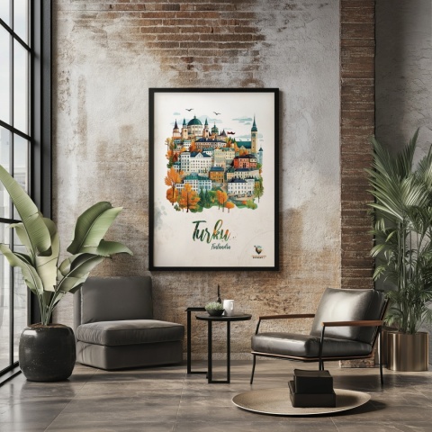 Plakat architektoniczny „Turku, na wzgórzu światła” – fińskie miasto z kopułami i wieżami w pastelowym stylu