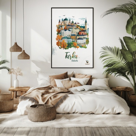 Plakat architektoniczny „Turku, na wzgórzu światła” – fińskie miasto z kopułami i wieżami w pastelowym stylu