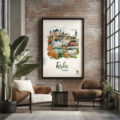 Plakat architektoniczny „Turku, na wzgórzu światła” – fińskie miasto z kopułami i wieżami w pastelowym stylu