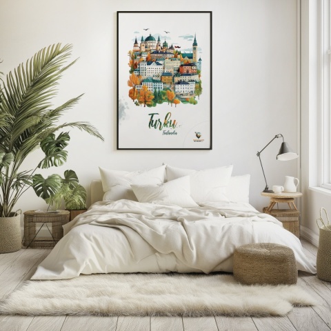 Plakat architektoniczny „Turku, na wzgórzu światła” – fińskie miasto z kopułami i wieżami w pastelowym stylu