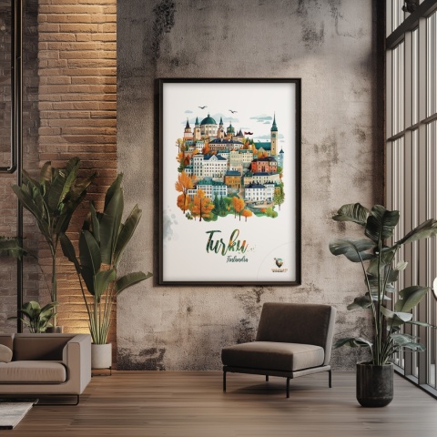 Plakat architektoniczny „Turku, na wzgórzu światła” – fińskie miasto z kopułami i wieżami w pastelowym stylu