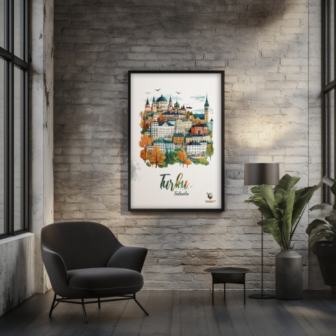 Plakat architektoniczny „Turku, na wzgórzu światła” – fińskie miasto z kopułami i wieżami w pastelowym stylu