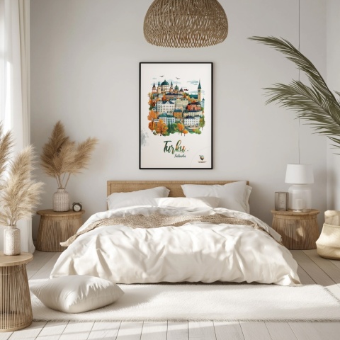 Plakat architektoniczny „Turku, na wzgórzu światła” – fińskie miasto z kopułami i wieżami w pastelowym stylu