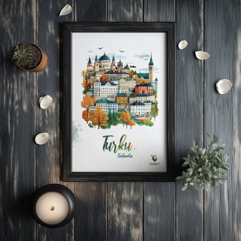 Plakat architektoniczny „Turku, na wzgórzu światła” – fińskie miasto z kopułami i wieżami w pastelowym stylu