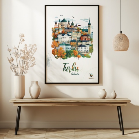 Plakat architektoniczny „Turku, na wzgórzu światła” – fińskie miasto z kopułami i wieżami w pastelowym stylu