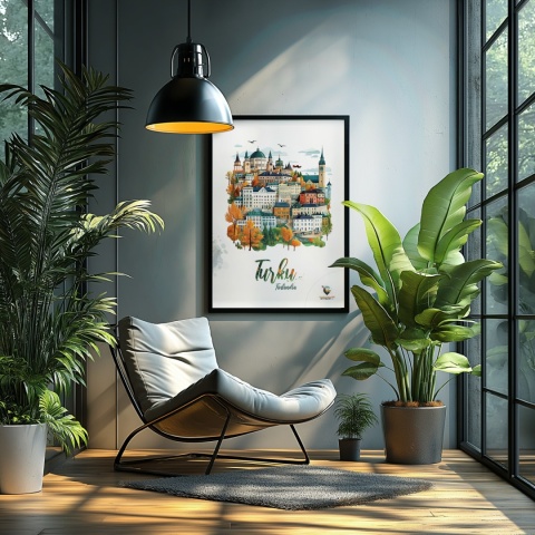 Plakat architektoniczny „Turku, na wzgórzu światła” – fińskie miasto z kopułami i wieżami w pastelowym stylu