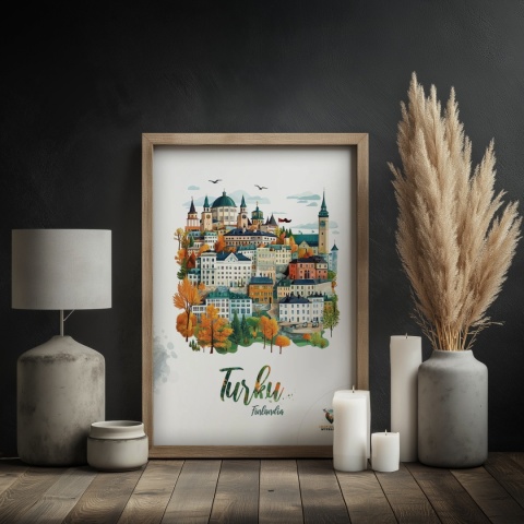 Plakat architektoniczny „Turku, na wzgórzu światła” – fińskie miasto z kopułami i wieżami w pastelowym stylu