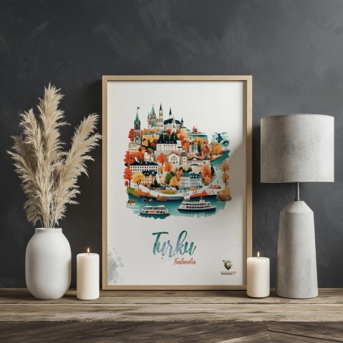 Plakat architektoniczny „Turku, złoto nad zatoką” – jesienna panorama fińskiego miasta w ciepłych kolorach