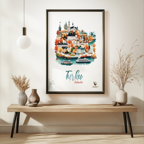 Plakat architektoniczny „Turku, złoto nad zatoką” – jesienna panorama fińskiego miasta w ciepłych kolorach