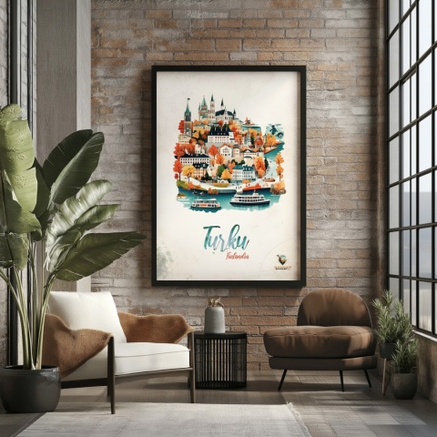 Plakat architektoniczny „Turku, złoto nad zatoką” – jesienna panorama fińskiego miasta w ciepłych kolorach