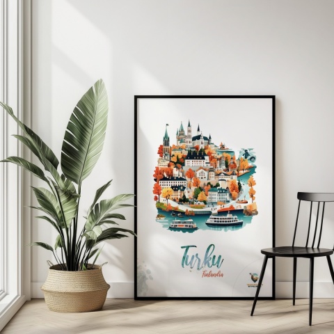 Plakat architektoniczny „Turku, złoto nad zatoką” – jesienna panorama fińskiego miasta w ciepłych kolorach