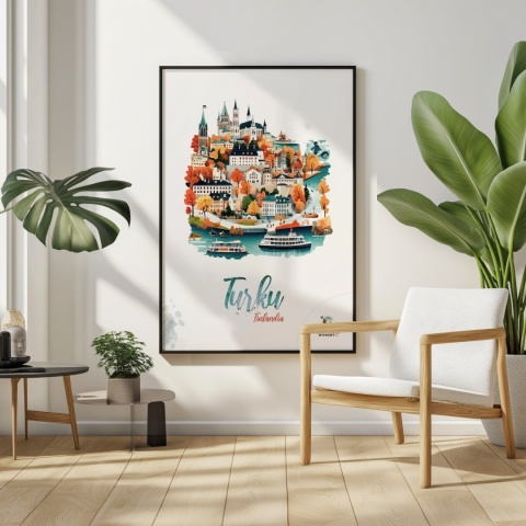 Plakat architektoniczny „Turku, złoto nad zatoką” – jesienna panorama fińskiego miasta w ciepłych kolorach