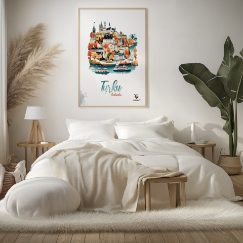 Plakat architektoniczny „Turku, złoto nad zatoką” – jesienna panorama fińskiego miasta w ciepłych kolorach