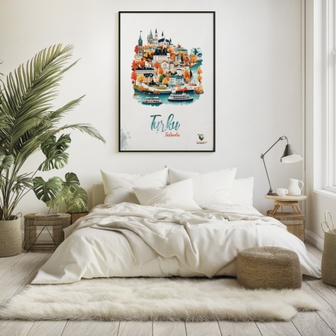 Plakat architektoniczny „Turku, złoto nad zatoką” – jesienna panorama fińskiego miasta w ciepłych kolorach