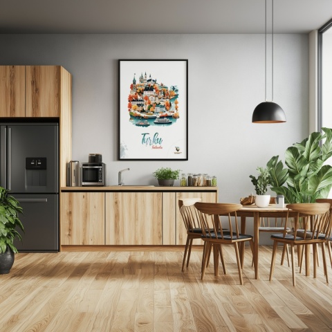 Plakat architektoniczny „Turku, złoto nad zatoką” – jesienna panorama fińskiego miasta w ciepłych kolorach