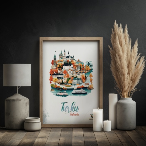 Plakat architektoniczny „Turku, złoto nad zatoką” – jesienna panorama fińskiego miasta w ciepłych kolorach