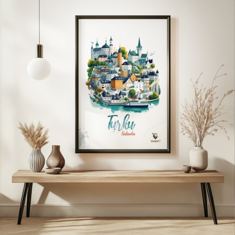 Plakat architektoniczny „Turku, linia ciszy” – geometryczna wizja miasta w surowym skandynawskim stylu