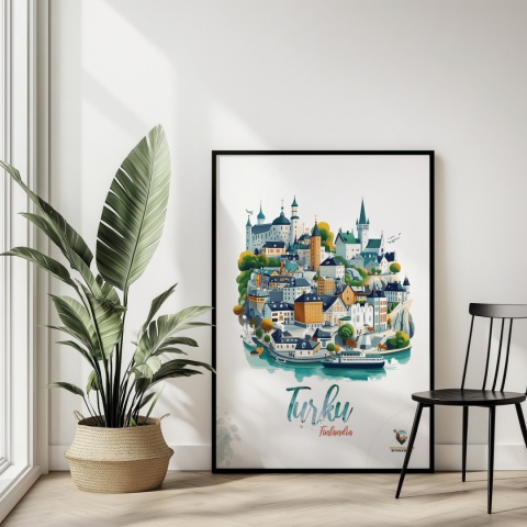 Plakat architektoniczny „Turku, linia ciszy” – geometryczna wizja miasta w surowym skandynawskim stylu