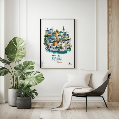 Plakat architektoniczny „Turku, linia ciszy” – geometryczna wizja miasta w surowym skandynawskim stylu