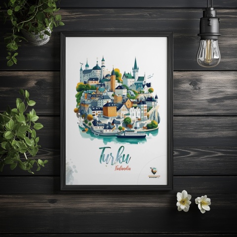 Plakat architektoniczny „Turku, linia ciszy” – geometryczna wizja miasta w surowym skandynawskim stylu