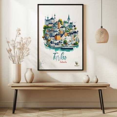 Plakat architektoniczny „Turku, linia ciszy” – geometryczna wizja miasta w surowym skandynawskim stylu