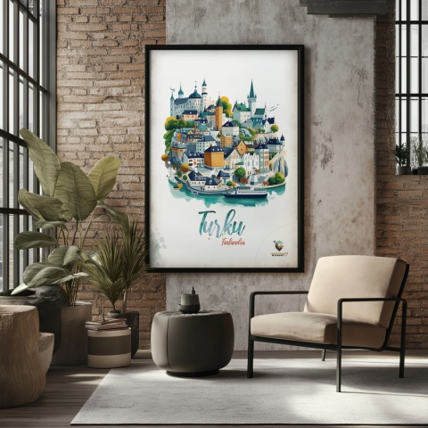 Plakat architektoniczny „Turku, linia ciszy” – geometryczna wizja miasta w surowym skandynawskim stylu