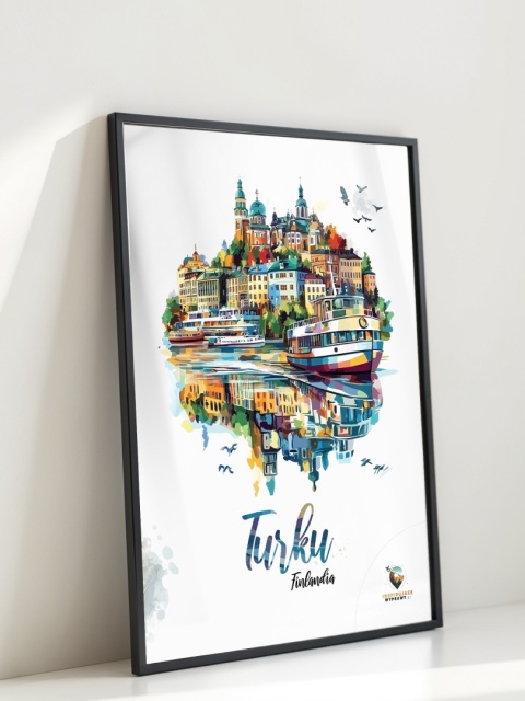 Plakat architektoniczny „Turku, pejzaż wspomnień” – impresyjna mapa miasta z lotu ptaka w delikatnych kolorach
