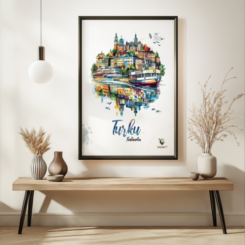 Plakat architektoniczny „Turku, pejzaż wspomnień” – impresyjna mapa miasta z lotu ptaka w delikatnych kolorach