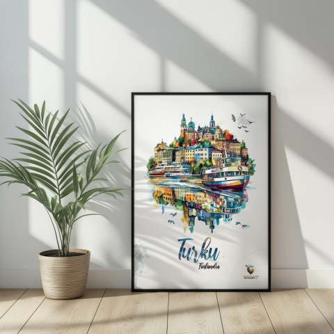 Plakat architektoniczny „Turku, pejzaż wspomnień” – impresyjna mapa miasta z lotu ptaka w delikatnych kolorach