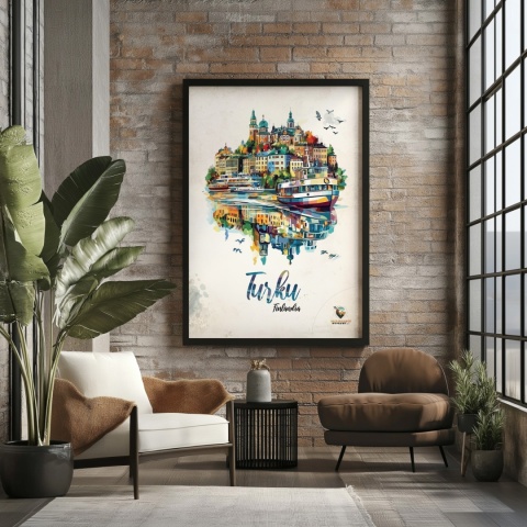 Plakat architektoniczny „Turku, pejzaż wspomnień” – impresyjna mapa miasta z lotu ptaka w delikatnych kolorach