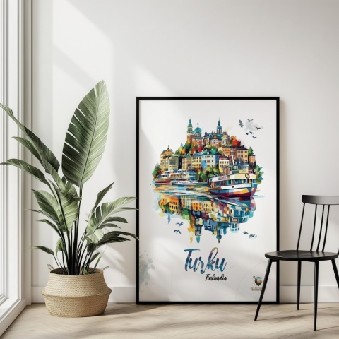 Plakat architektoniczny „Turku, pejzaż wspomnień” – impresyjna mapa miasta z lotu ptaka w delikatnych kolorach
